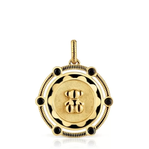 Online Bear Medallion pendant with 18kt gold plating over silver and onyx details Cachito Mío Silver Pendants | Large Pendants