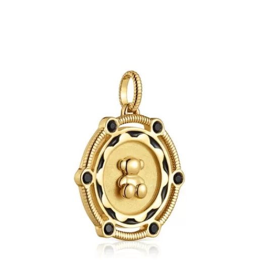 Online Bear Medallion pendant with 18kt gold plating over silver and onyx details Cachito Mío Silver Pendants | Large Pendants