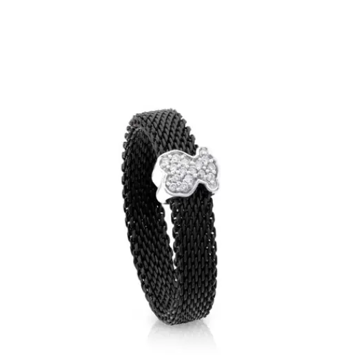 Shop Black IP Steel and White gold Icon Mesh Ring with Diamonds 0,04ct 分类为空 | Diamond Rings