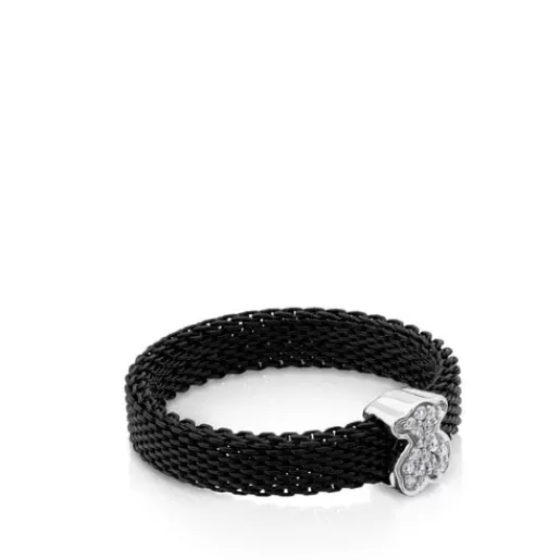 Shop Black IP Steel and White gold Icon Mesh Ring with Diamonds 0,04ct 分类为空 | Diamond Rings