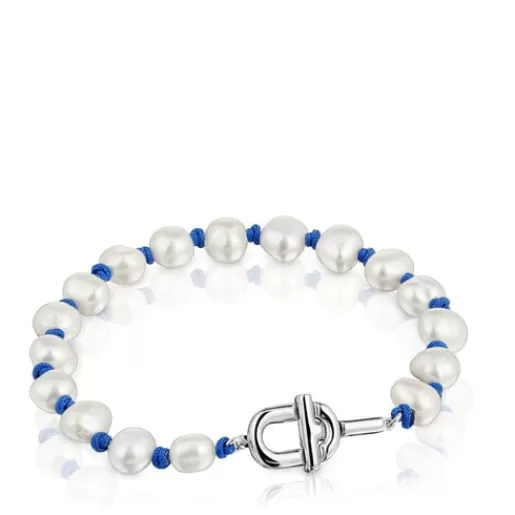 Shop Blue nylon and Bracelet with cultured pearls MANIFESTO Silver Bracelets | Pearl Bracelets