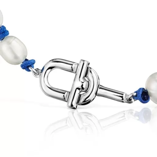 Shop Blue nylon and Bracelet with cultured pearls MANIFESTO Silver Bracelets | Pearl Bracelets