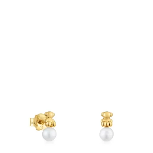 Outlet Bold Bear gold Earrings with cultured pearl and bear charm Small Earrings
