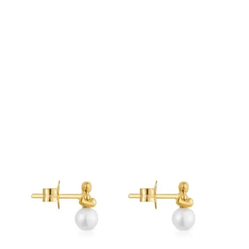 Outlet Bold Bear gold Earrings with cultured pearl and bear charm Small Earrings