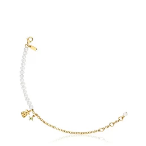 Shop Chain bear Bracelet with gold plating over silver, cultured pearls and peridot Bold Bear Silver Bracelets | Pearl Bracelets