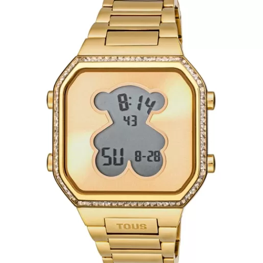 Shop Digital Watch with gold-colored IPG steel bracelet and zirconias D-BEAR For Her