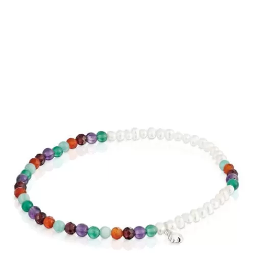 Outlet Elastic Bold Motif Bracelet with gemstones, cultured pearls and a silver bear motif Silver Bracelets | Pearl Bracelets