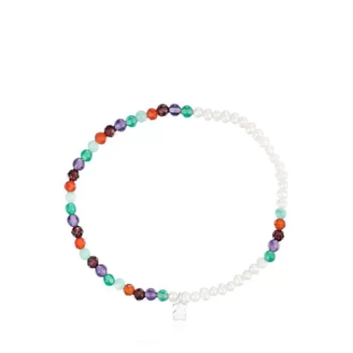Outlet Elastic Bold Motif Bracelet with gemstones, cultured pearls and a silver bear motif Silver Bracelets | Pearl Bracelets
