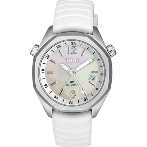 Sale gmt automatic Watch with white silicone strap, steel case and mother-of-pearl face Now For Her | For Man