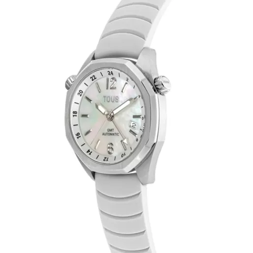 Sale gmt automatic Watch with white silicone strap, steel case and mother-of-pearl face Now For Her | For Man