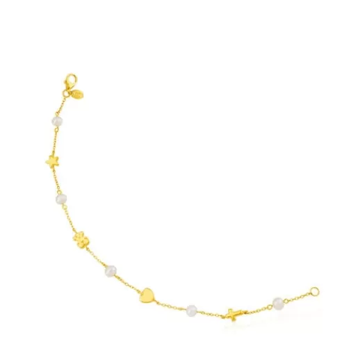 Online Gold Sweet Dolls XXS Bracelet with pearls and Bear, Star, Heart and Cross motifs.. Gold Bracelets | Pearl Bracelets