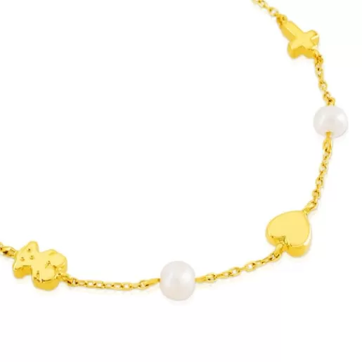 Online Gold Sweet Dolls XXS Bracelet with pearls and Bear, Star, Heart and Cross motifs.. Gold Bracelets | Pearl Bracelets