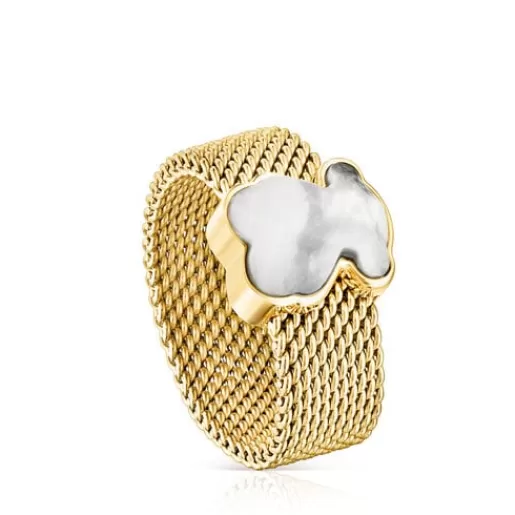 Online Gold-colored IP Steel Mesh Color Ring with Howlite Bear motif Silver Rings | Small Rings