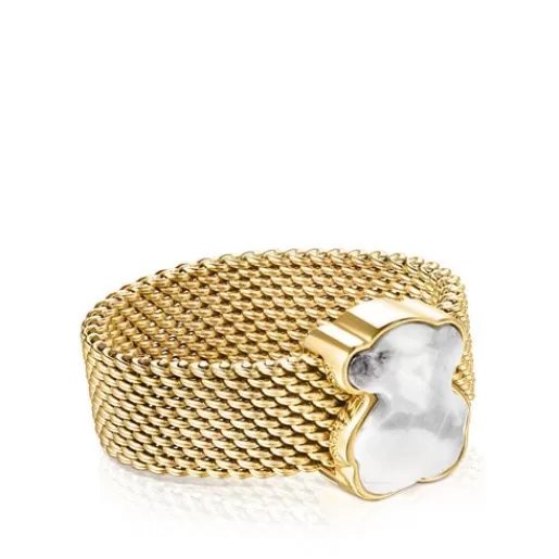 Online Gold-colored IP Steel Mesh Color Ring with Howlite Bear motif Silver Rings | Small Rings