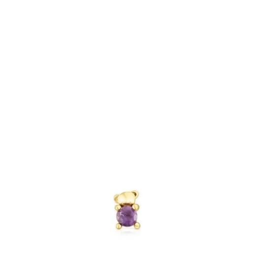 Outlet Gold-colored IP steel and amethyst New Motif Bear piercing Small Earrings | Individual Earrings