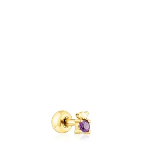 Outlet Gold-colored IP steel and amethyst New Motif Bear piercing Small Earrings | Individual Earrings
