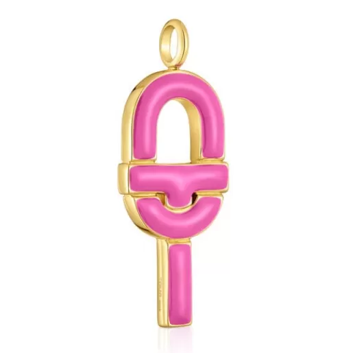 Cheap Large Pendant with 18kt gold plating over silver and fuchsia-colored enamel MANIFESTO Silver Pendants | Large Pendants
