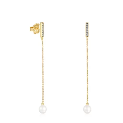 Cheap Long Nocturne bar Earrings in Silver Vermeil with Diamonds and Pearl Silver Earrings | Large Earrings