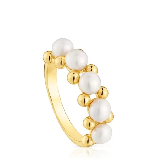 Sale Medium Ring with 18kt gold plating over silver and cultured pearls Gloss Silver Rings