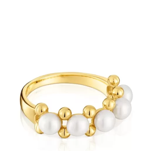 Sale Medium Ring with 18kt gold plating over silver and cultured pearls Gloss Silver Rings