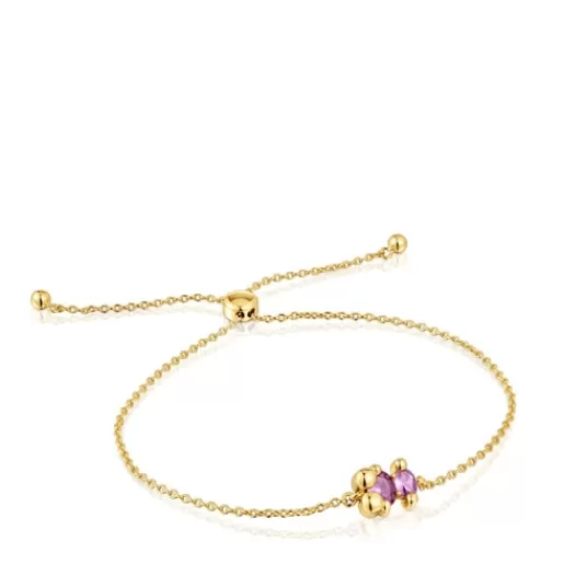 Sale 8 mm 18kt gold plating over silver bear motif chain Bracelet with laboratory-grown lilac-colored sapphire Color Bear LGG Chain Bracelets
