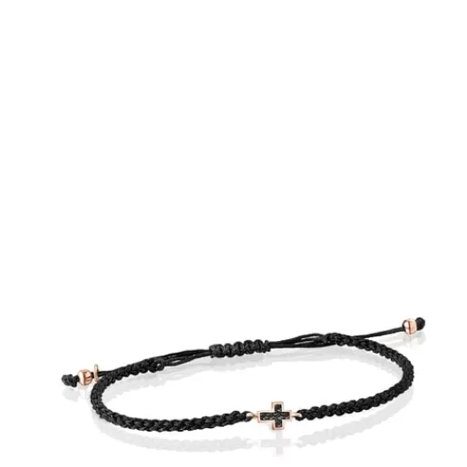 Cheap Motif cross Bracelet in Rose Silver Vermeil with Spinels and black Cord Silver Bracelets | Cord And Thread Bracelets