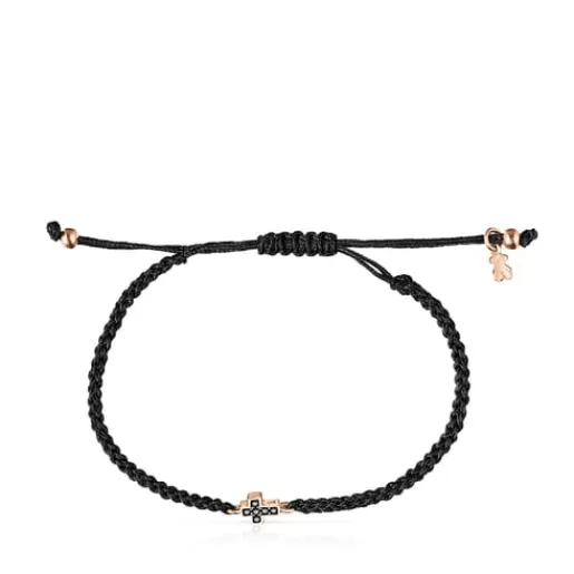 Cheap Motif cross Bracelet in Rose Silver Vermeil with Spinels and black Cord Silver Bracelets | Cord And Thread Bracelets