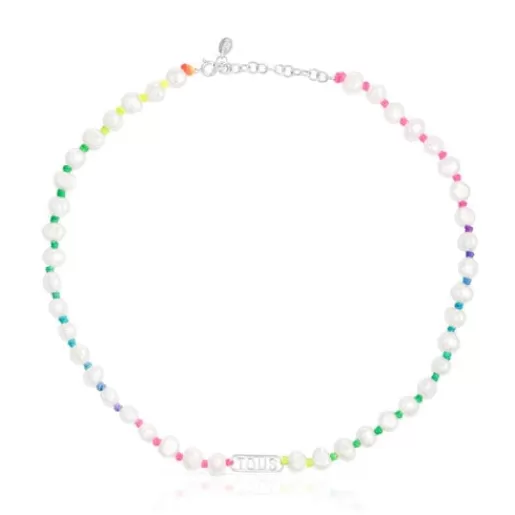 Clearance Multicolored nylon Necklace with silver and cultured pearls Logo Silver Necklaces | Short Necklaces