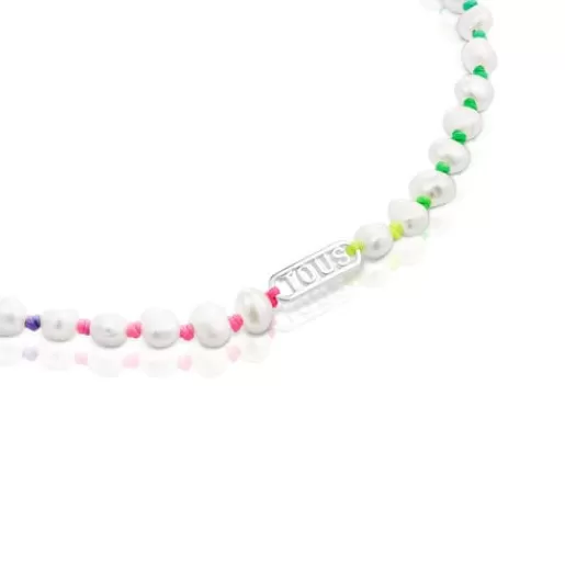 Clearance Multicolored nylon Necklace with silver and cultured pearls Logo Silver Necklaces | Short Necklaces