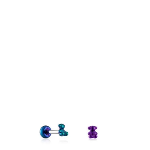 Cheap Pack of Bold Bear Ear piercings in lilac- and green-colored IP steel Small Earrings | Ear Piercing