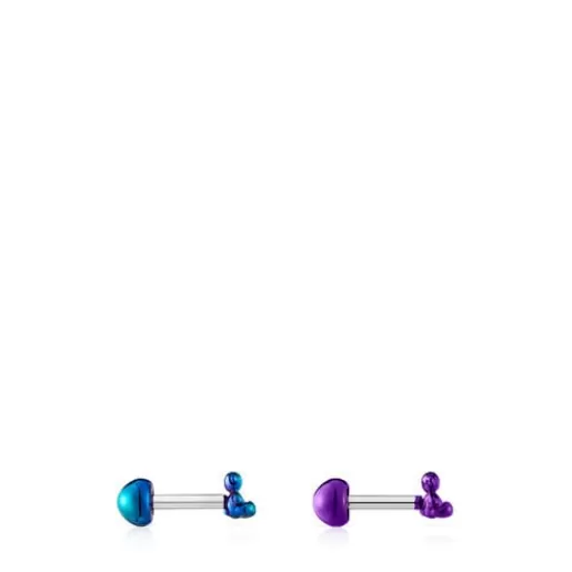 Cheap Pack of Bold Bear Ear piercings in lilac- and green-colored IP steel Small Earrings | Ear Piercing