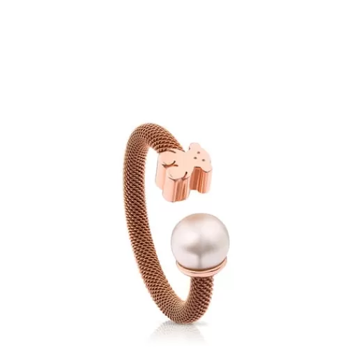 Sale Rose IP Steel and Rose Vermeil Silver Icon Mesh Ring with 0,65cm Pearl Silver Rings | Small Rings