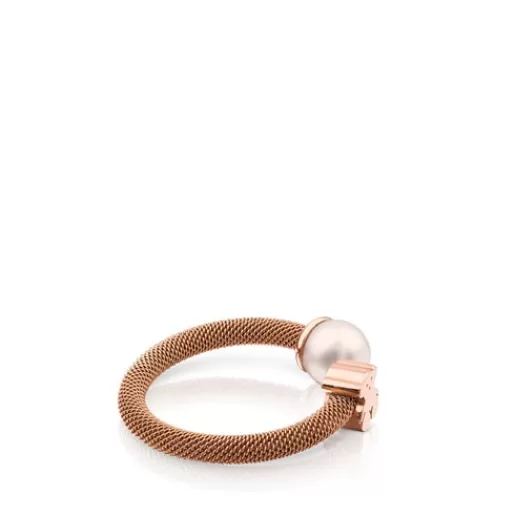 Sale Rose IP Steel and Rose Vermeil Silver Icon Mesh Ring with 0,65cm Pearl Silver Rings | Small Rings