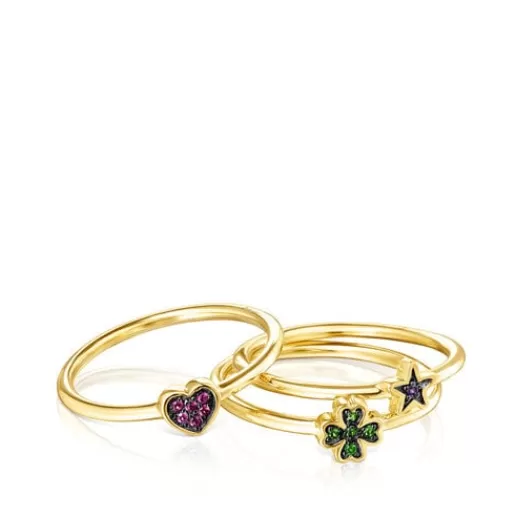 Online Set of Silver Vermeil Teddy Bear Stars Rings with Gemstones Silver Rings | Small Rings