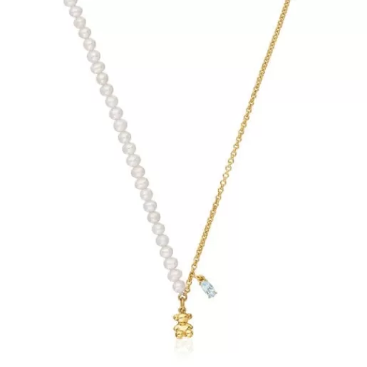 Sale Short bear Necklace with gold plating over silver, cultured pearls and topaz Bold Bear Silver Necklaces | Short Necklaces