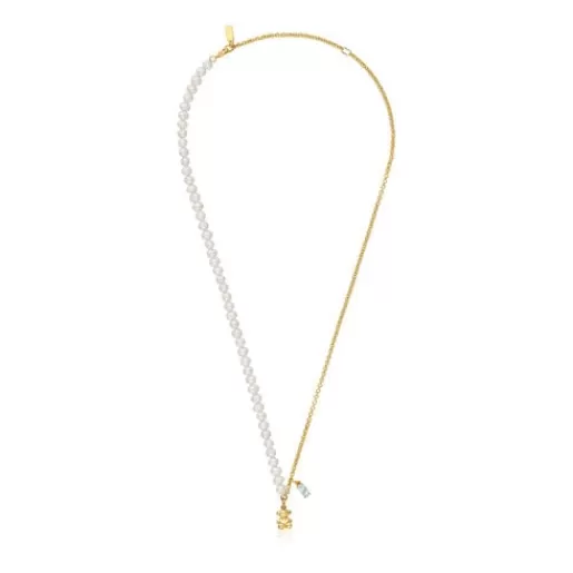 Sale Short bear Necklace with gold plating over silver, cultured pearls and topaz Bold Bear Silver Necklaces | Short Necklaces