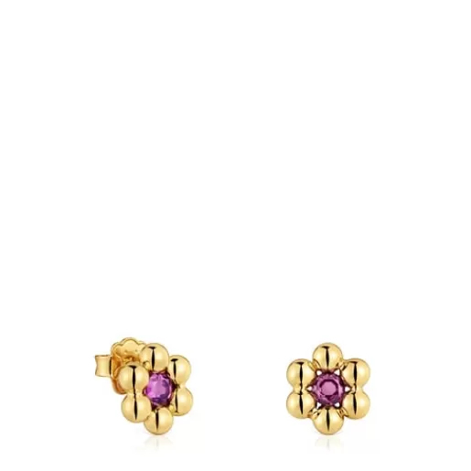 Outlet Short flower Earrings with 18kt gold plating over silver and rhodolite Sugar Party Silver Earrings