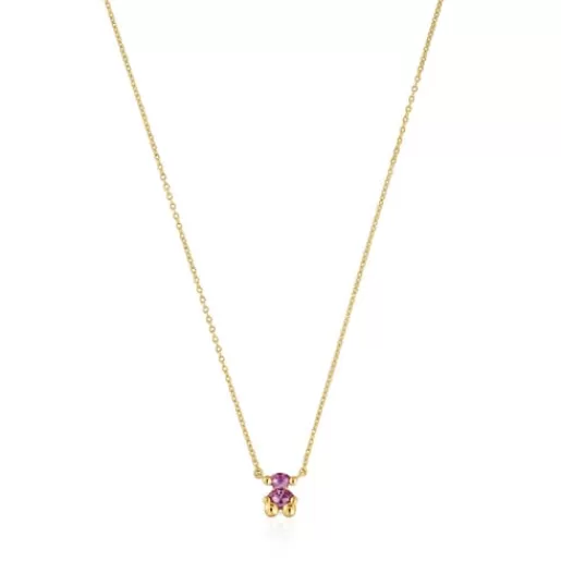 Outlet Short 18kt gold plating over silver bear motif Necklace with laboratory-grown lilac-colored sapphire Color Bear LGG Short Necklaces