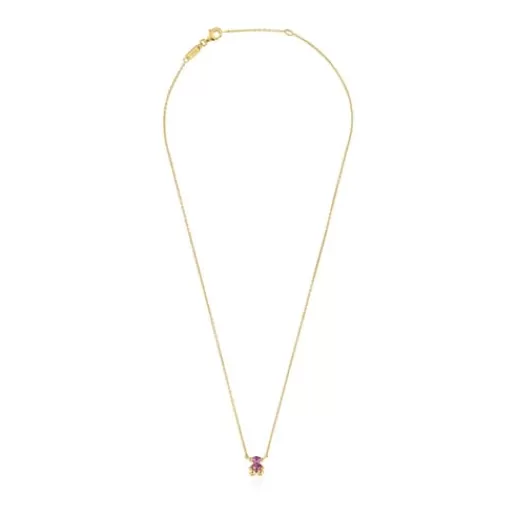 Outlet Short 18kt gold plating over silver bear motif Necklace with laboratory-grown lilac-colored sapphire Color Bear LGG Short Necklaces