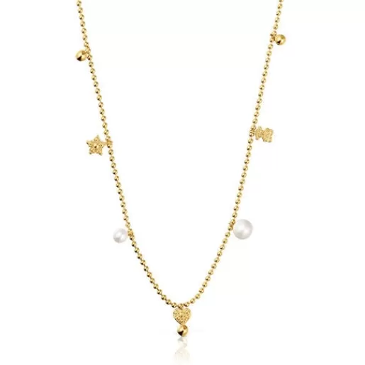 Sale Short Necklace with 18kt gold plating over silver, cultured pearls and motifs Grain Silver Necklaces