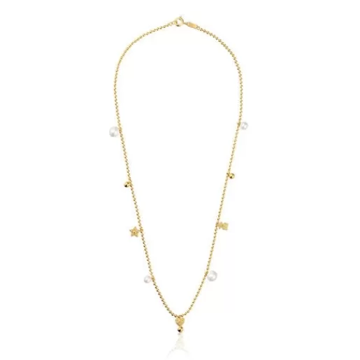 Sale Short Necklace with 18kt gold plating over silver, cultured pearls and motifs Grain Silver Necklaces