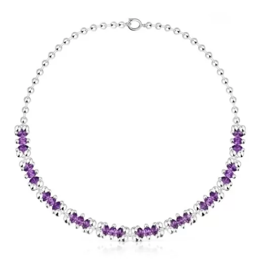 Cheap Short silver bear motif Necklace with lilac lab-grown sapphires Color Bear LGG Short Necklaces