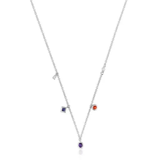 Sale Short silver Necklace with gemstones and cultured pearl Basic Colors Silver Necklaces