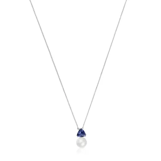 Cheap Short white gold Necklace with iolite and cultured pearl Ivette Short Necklaces