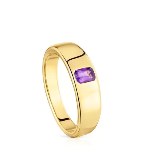 Cheap Signet ring with 18kt gold plating over silver and amethyst Basic Colors Silver Rings