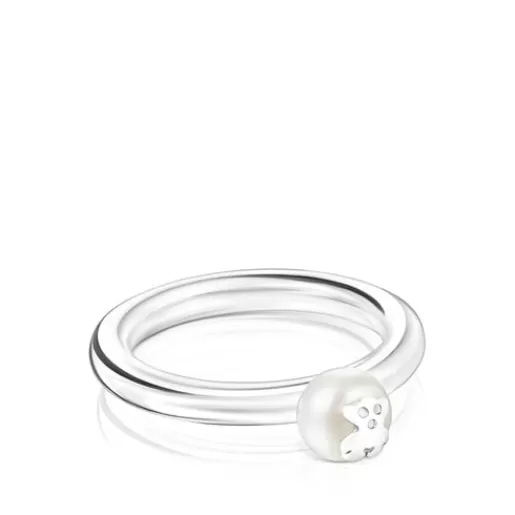 Cheap Silver and Pearl Icon Pearl Ring with Bear motif Silver Rings | Small Rings