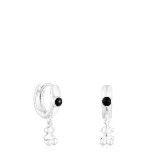 New Silver Bold Bear Hoop earrings with onyx and bear charm Silver Earrings