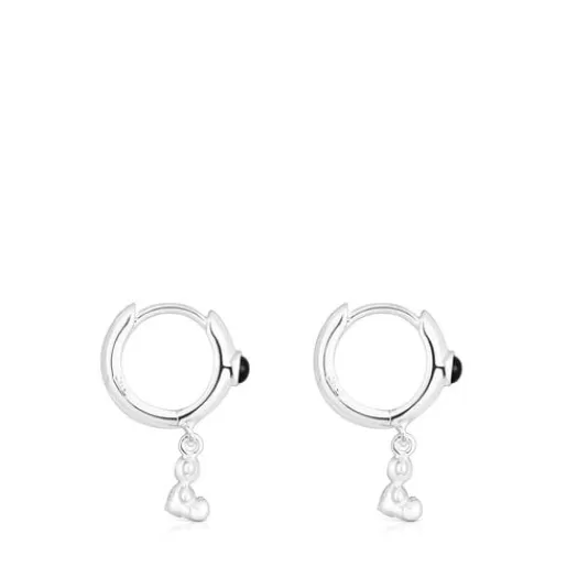 New Silver Bold Bear Hoop earrings with onyx and bear charm Silver Earrings