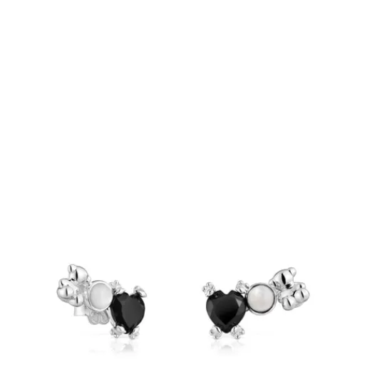 Online Color Pills Climber earrings with bear and with onyx and mother-of-pearl Silver Earrings