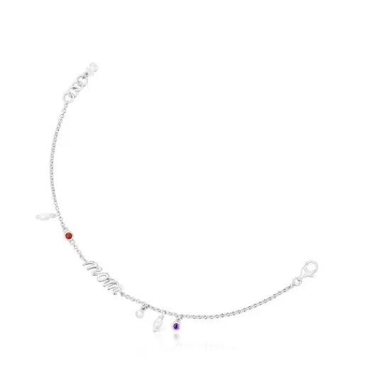 Online Silver Mom Bracelet with cultured pearls and gemstones Mama Silver Bracelets | Chain Bracelets